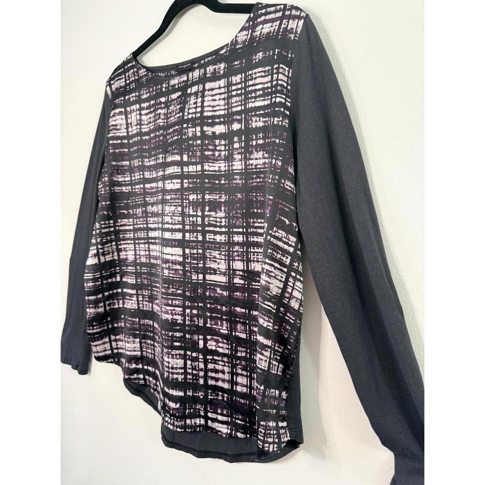 Ann Taylor Black and Light Pink Grid-Print Long Sleeve Top - Picture 3 of 5
